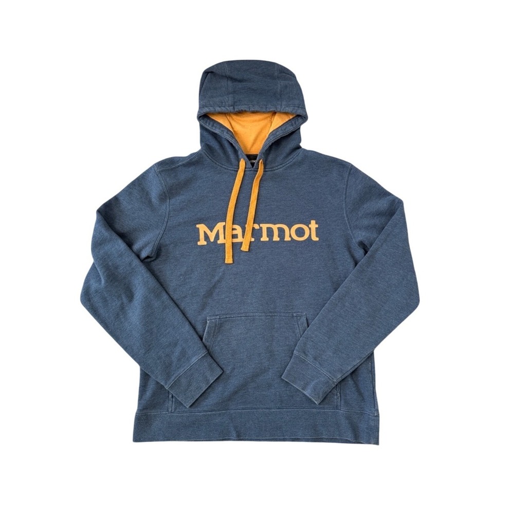 Marmot Fleece Pullover Hoodie Blue Yellow Logo Kangaroo Pocket Mens Size Medium